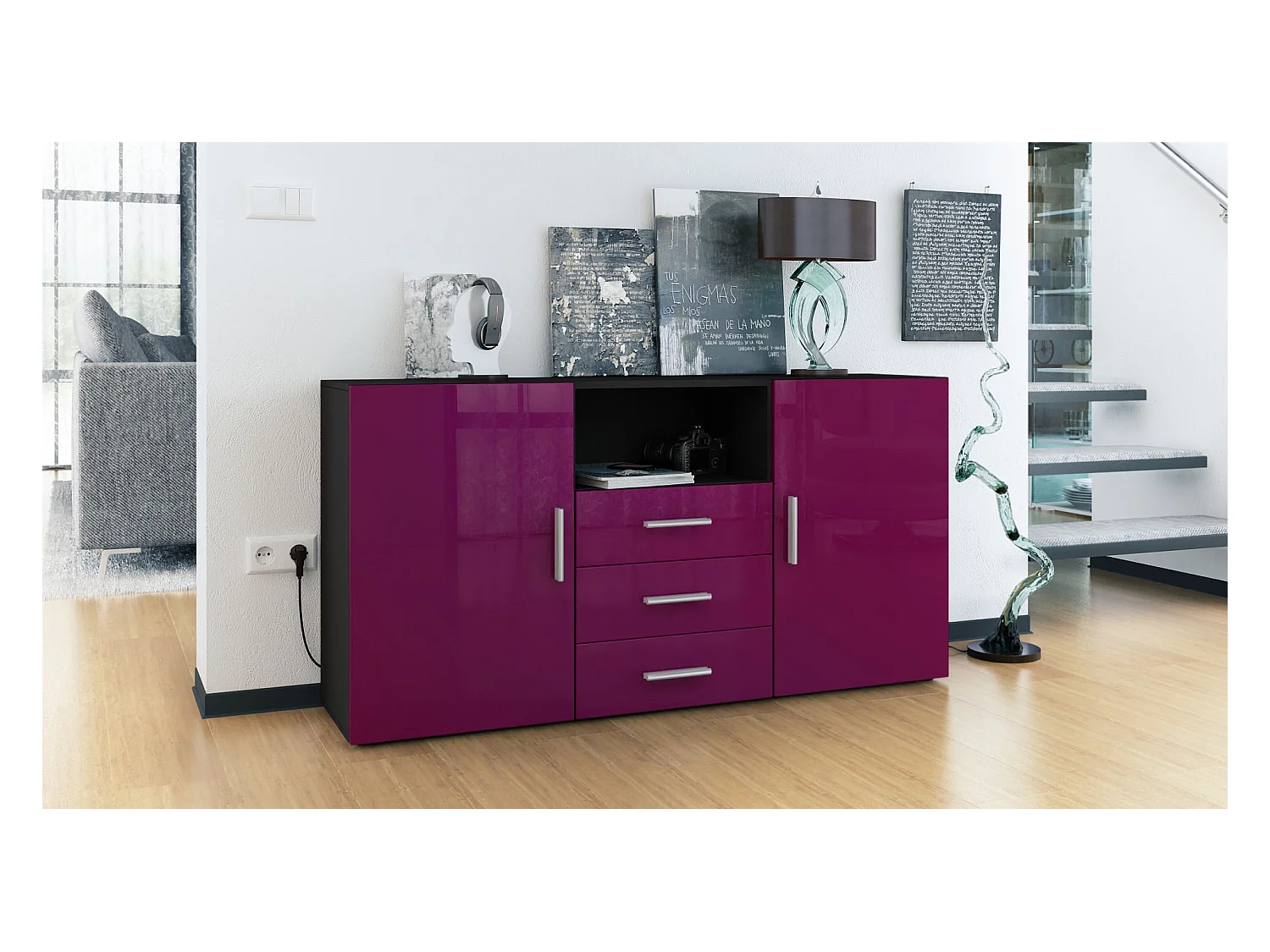 Buffet Skadu, Commode avec 2 portes, 3 tiroirs et 1 compartiment ouvert, noir mat/mûre haute brillance (138,5 x 71,5 x 35 cm)