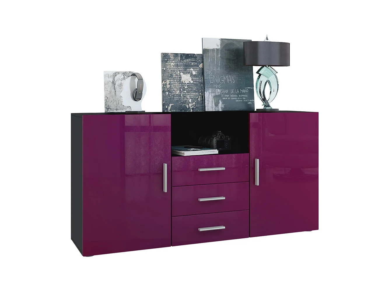 Buffet Skadu, Commode avec 2 portes, 3 tiroirs et 1 compartiment ouvert, noir mat/mûre haute brillance (138,5 x 71,5 x 35 cm)