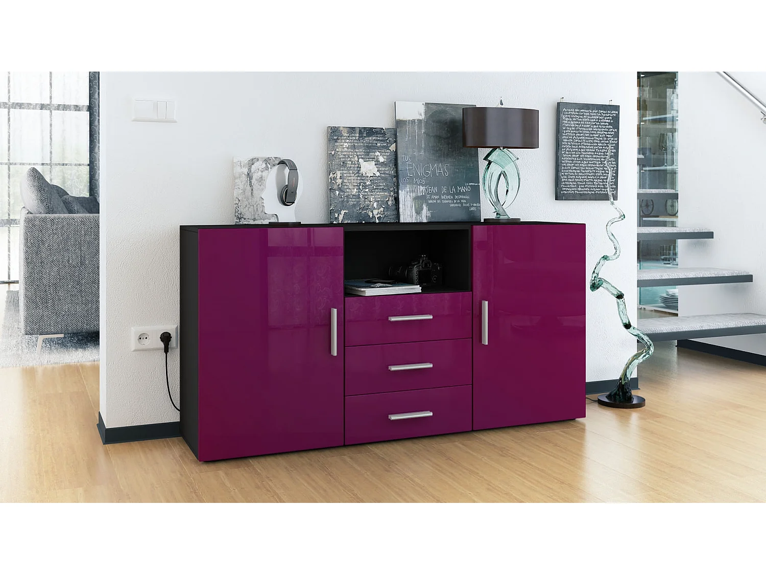 Credenza Skadu, mobile con 2 ante, 3 cassetti e 1 scomparto a giorno, nero opaco/violetto porpora lucido (138,5 x 71,5 x 35 cm)