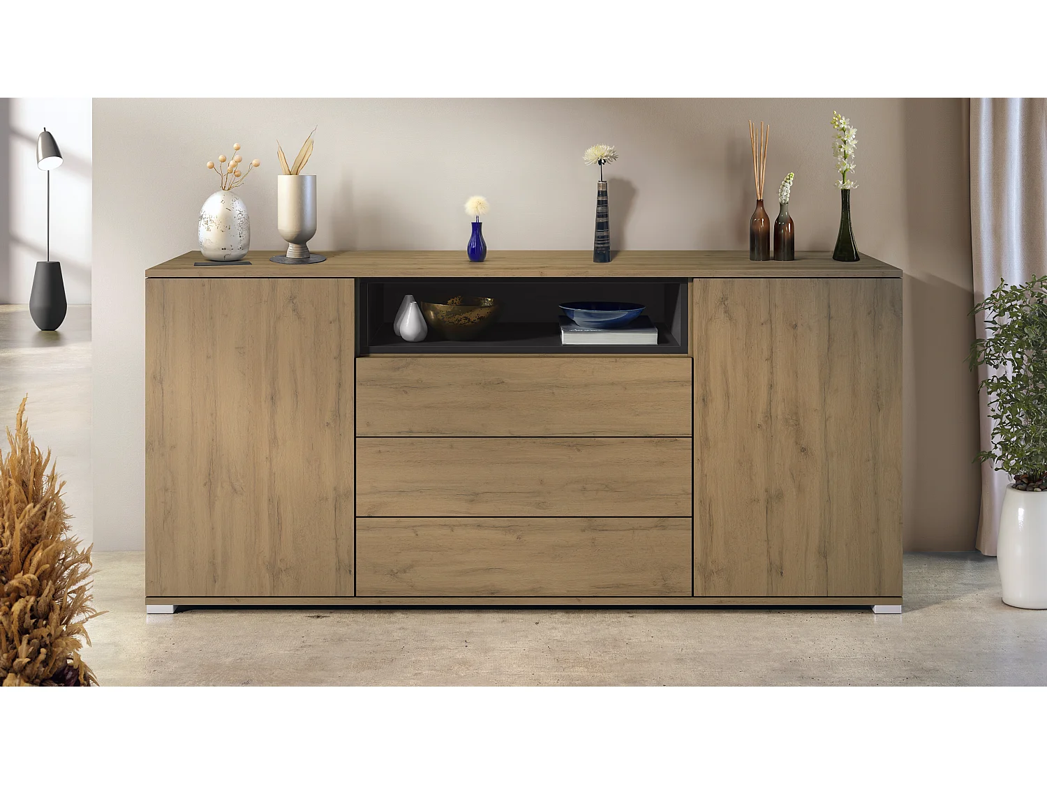 Skadu V4 Buffet, Commode avec 2 portes, 3 tiroirs et 1 compartiment ouvert, Chêne Evoke/noir mat (166,5 x 75,5 x 35 cm)