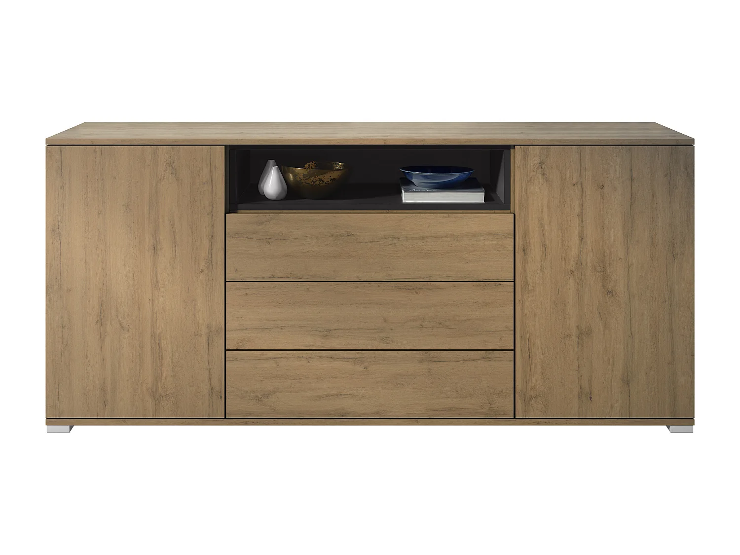 Skadu V4 Buffet, Commode avec 2 portes, 3 tiroirs et 1 compartiment ouvert, Chêne Evoke/noir mat (166,5 x 75,5 x 35 cm)