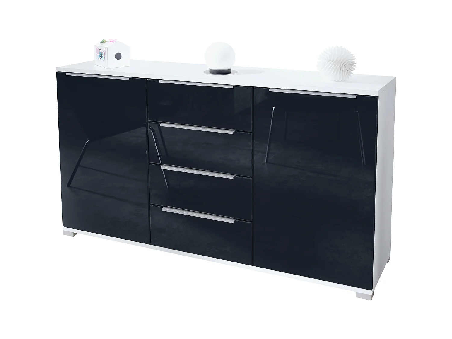 Aparador Linio V1, Mueble con 2 puertas y 4 cajones, blanco mate / negro de alto brillo (138,5 x 75,5 x 35 cm)