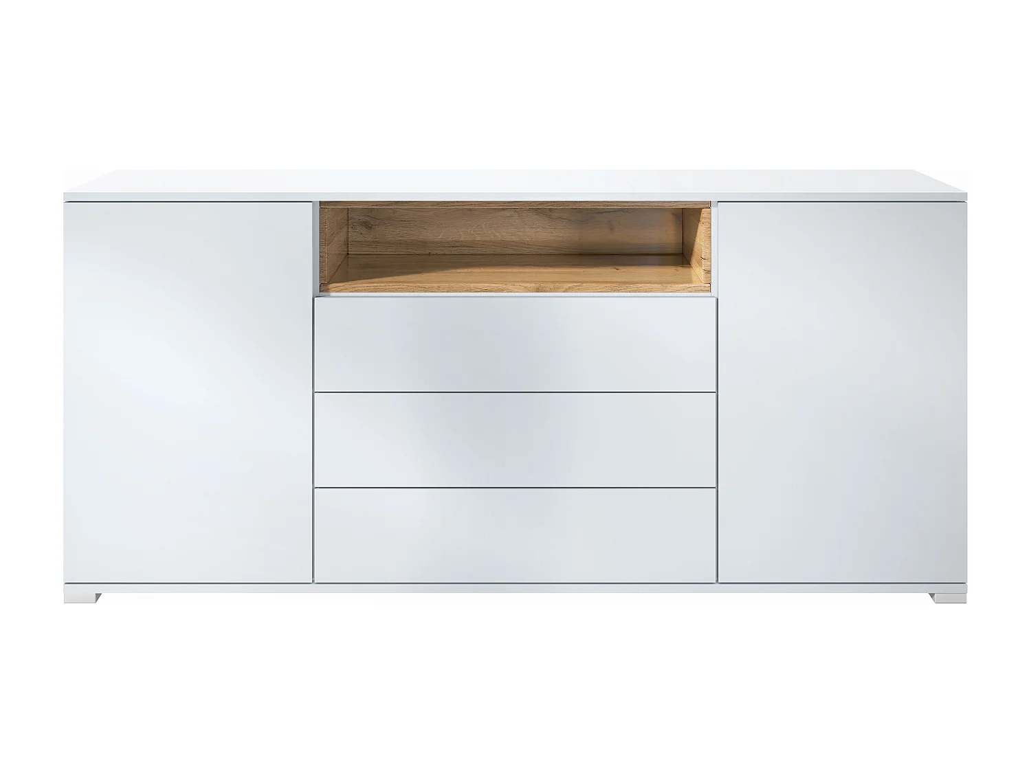 Skadu V4 Buffet, Commode avec 2 portes, 3 tiroirs et 1 compartiment ouvert, blanc mat/chêne nature (166,5 x 75,5 x 35 cm)