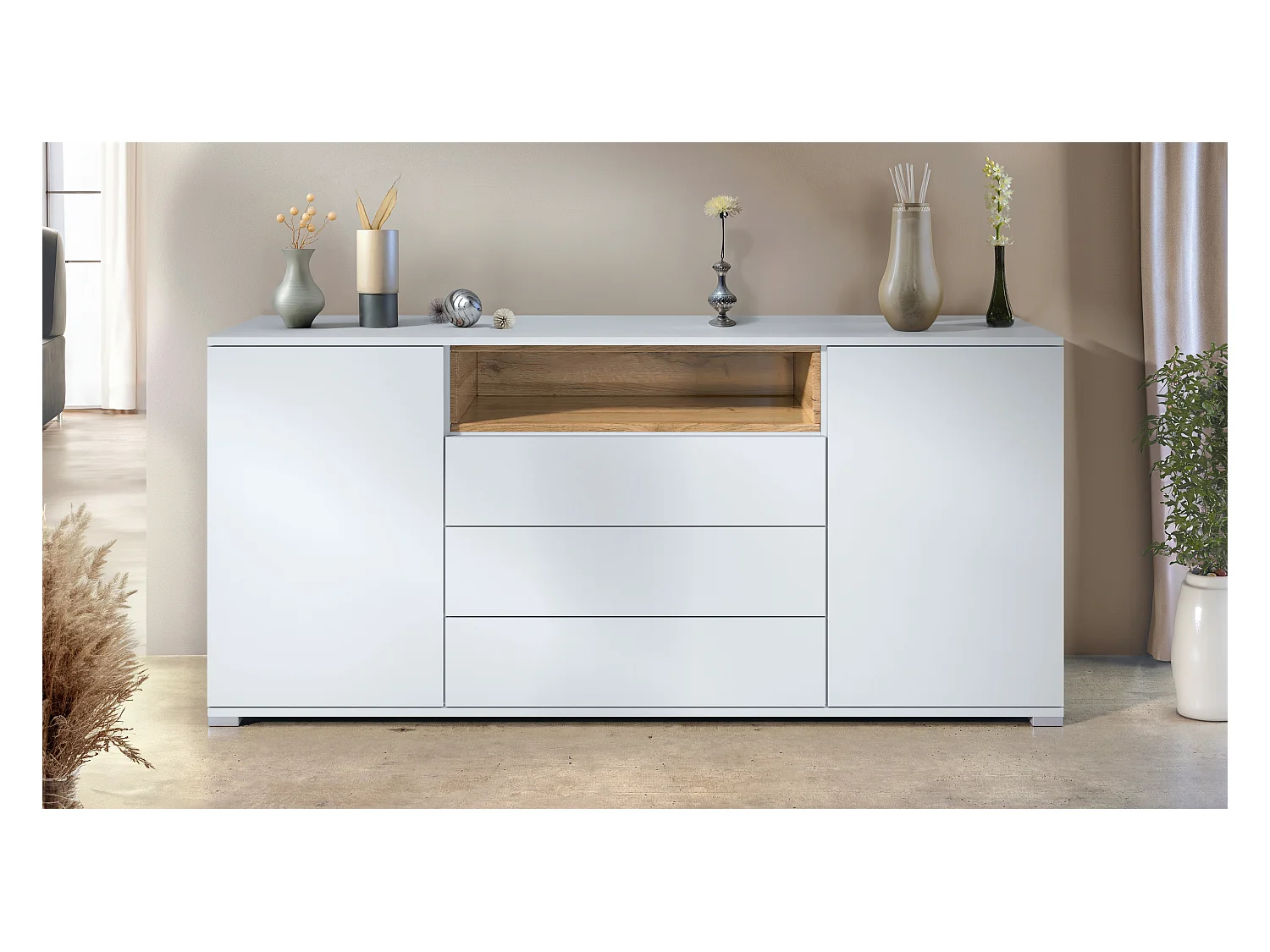 Skadu V4 Buffet, Commode avec 2 portes, 3 tiroirs et 1 compartiment ouvert, blanc mat/chêne nature (166,5 x 75,5 x 35 cm)