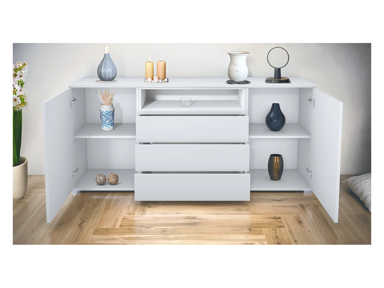 Skadu V4 Buffet, Commode avec 2 portes, 3 tiroirs et 1 compartiment ouvert, blanc mat/chêne nature (166,5 x 75,5 x 35 cm)