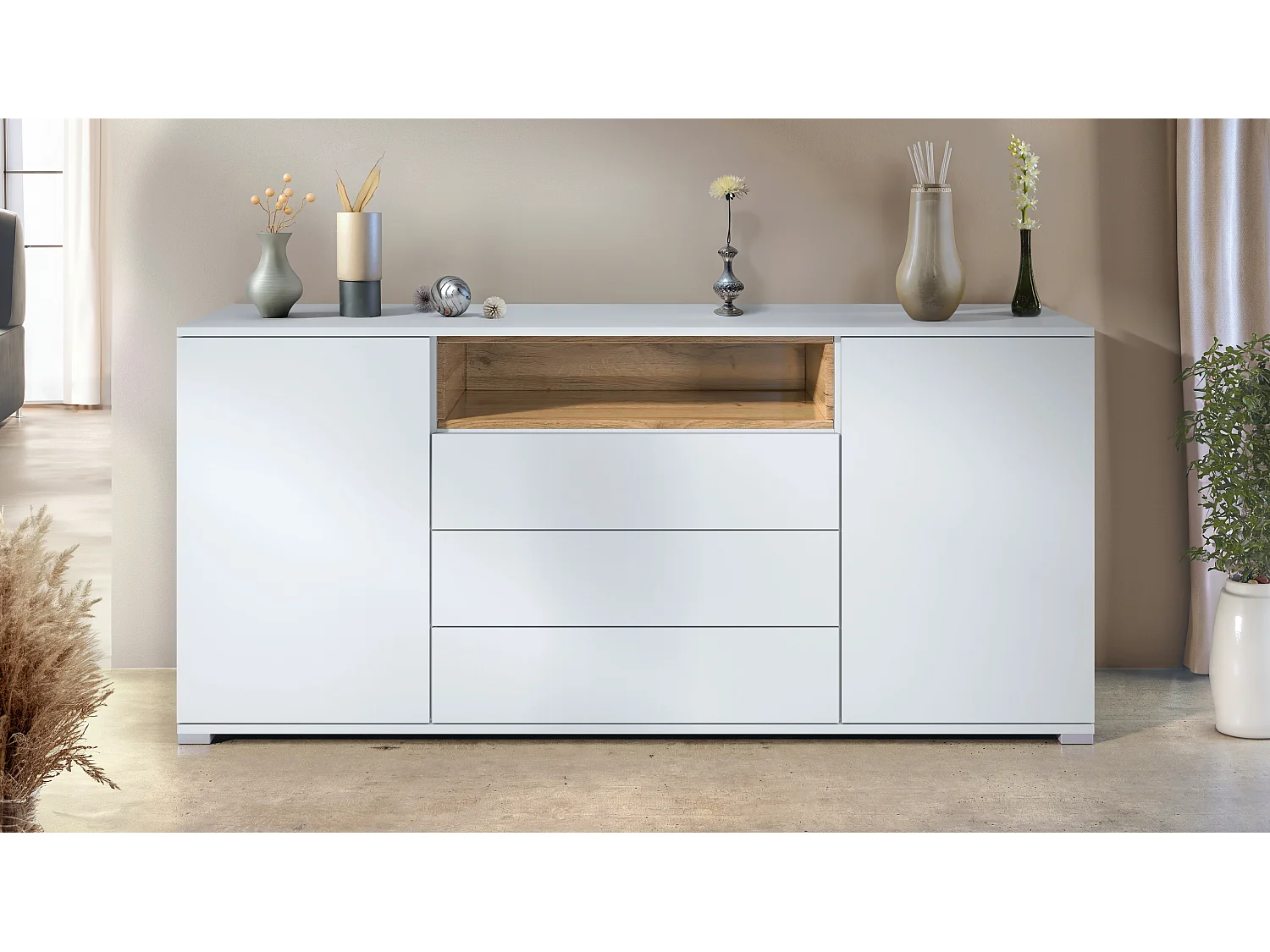 Skadu V4 Buffet, Commode avec 2 portes, 3 tiroirs et 1 compartiment ouvert, blanc mat/chêne nature (166,5 x 75,5 x 35 cm)