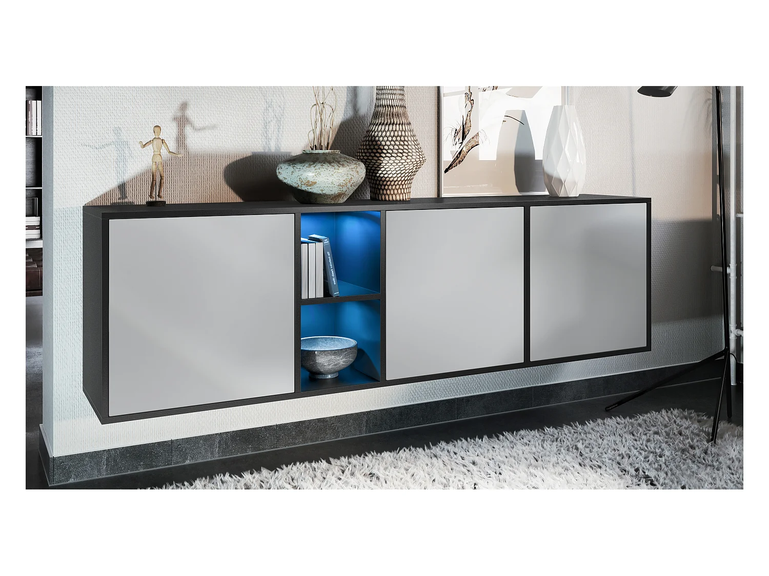 Commode Cuba - noir mat/gris clair satiné mat - Buffet moderne pour votre salon - (LxHxP) 182x53x35 cm