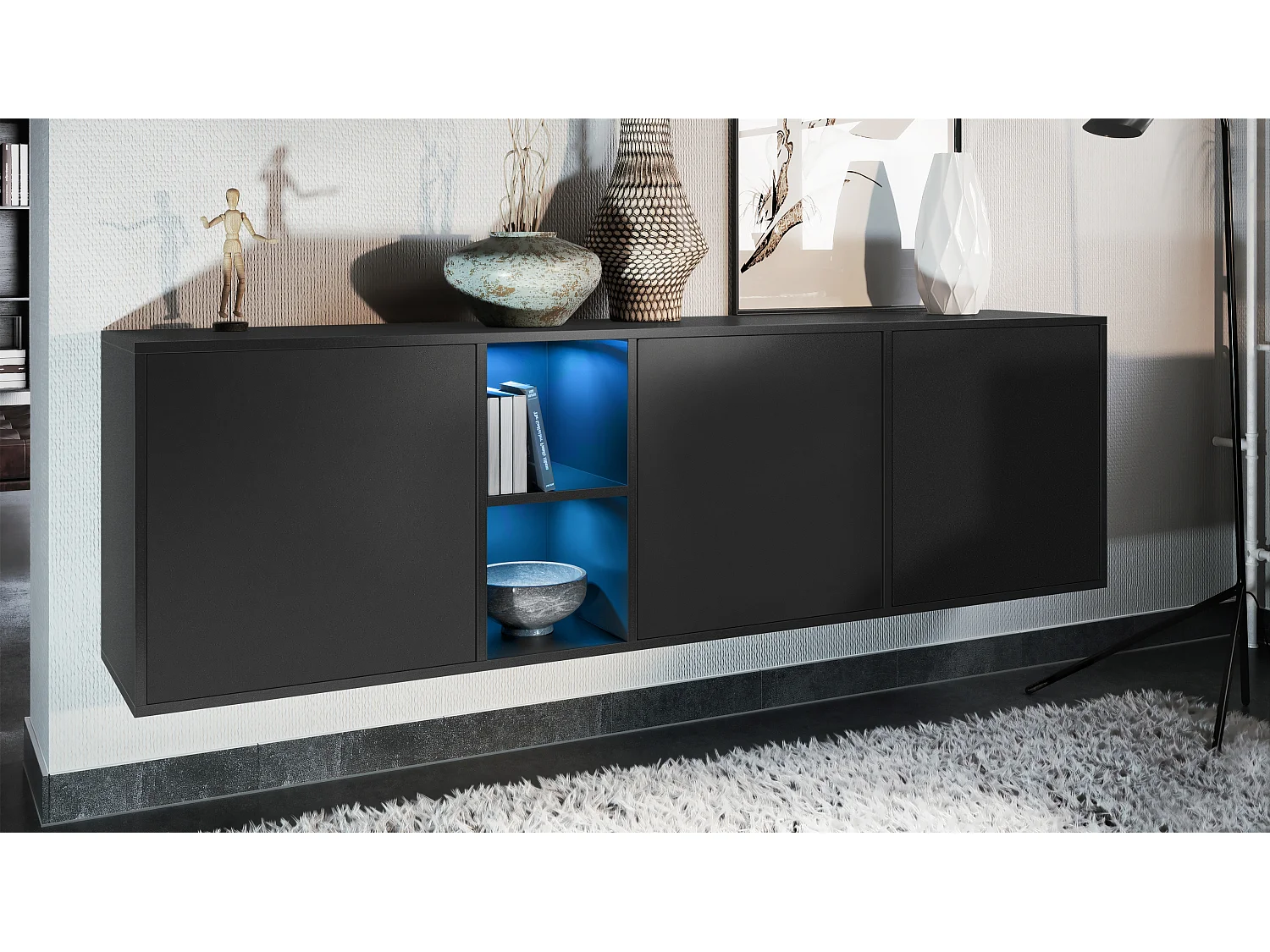 Vladon Cassettiera Cuba - nero opaco/nero opaco - Credenza moderna per la zona giorno - (LxAxP) 182x53x35 cm