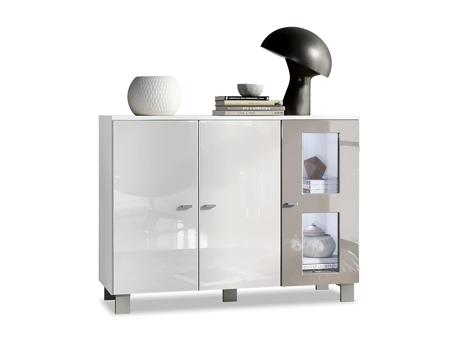 Buffet Denjo, Commode avec 3 portes, Blanc mat/Blanc haute brillance/Gris sable haute brillance, éclairage LED inclus (107 x 81 x 35 cm)