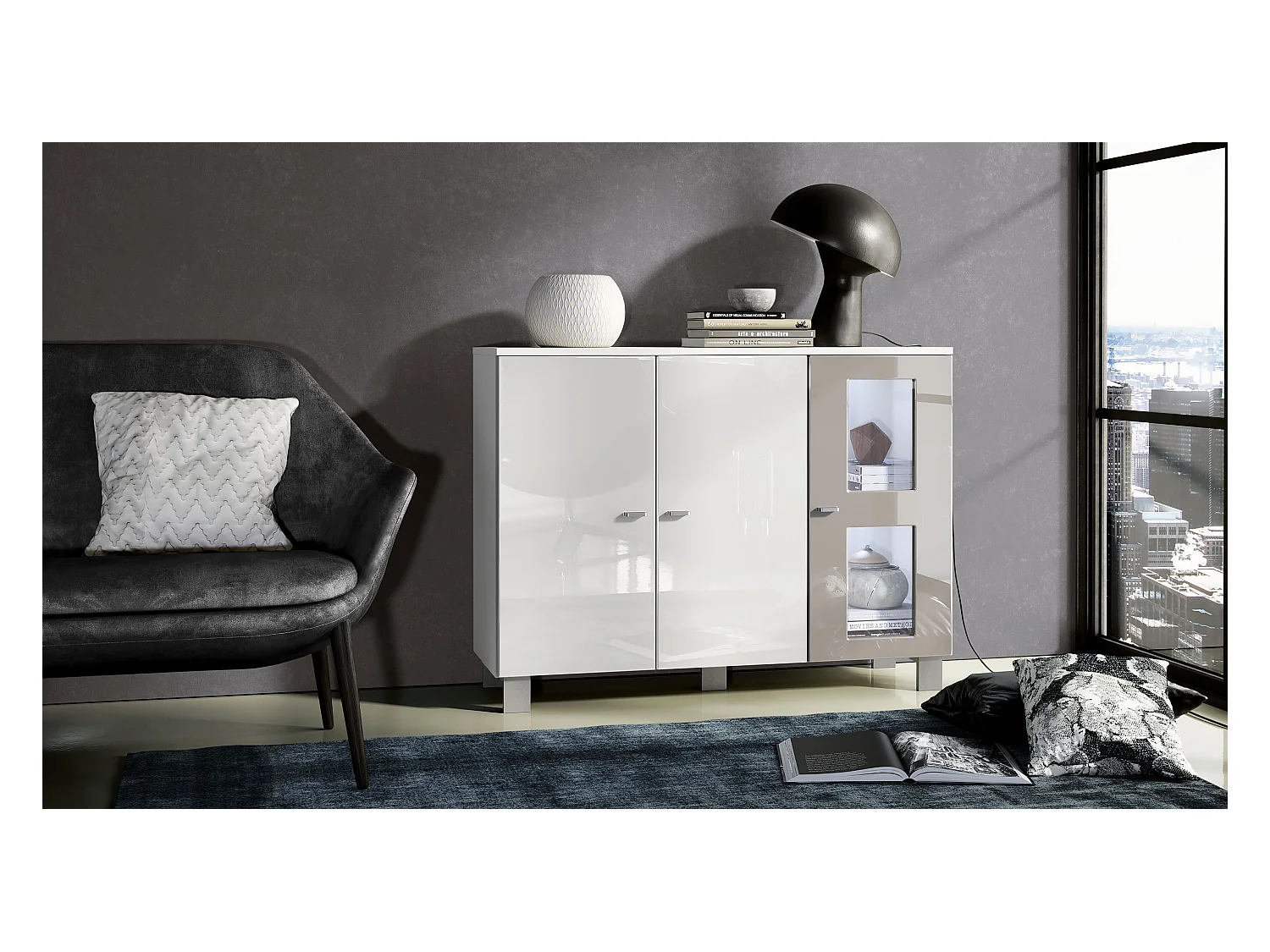 Buffet Denjo, Commode avec 3 portes, Blanc mat/Blanc haute brillance/Gris sable haute brillance, éclairage LED inclus (107 x 81 x 35 cm)