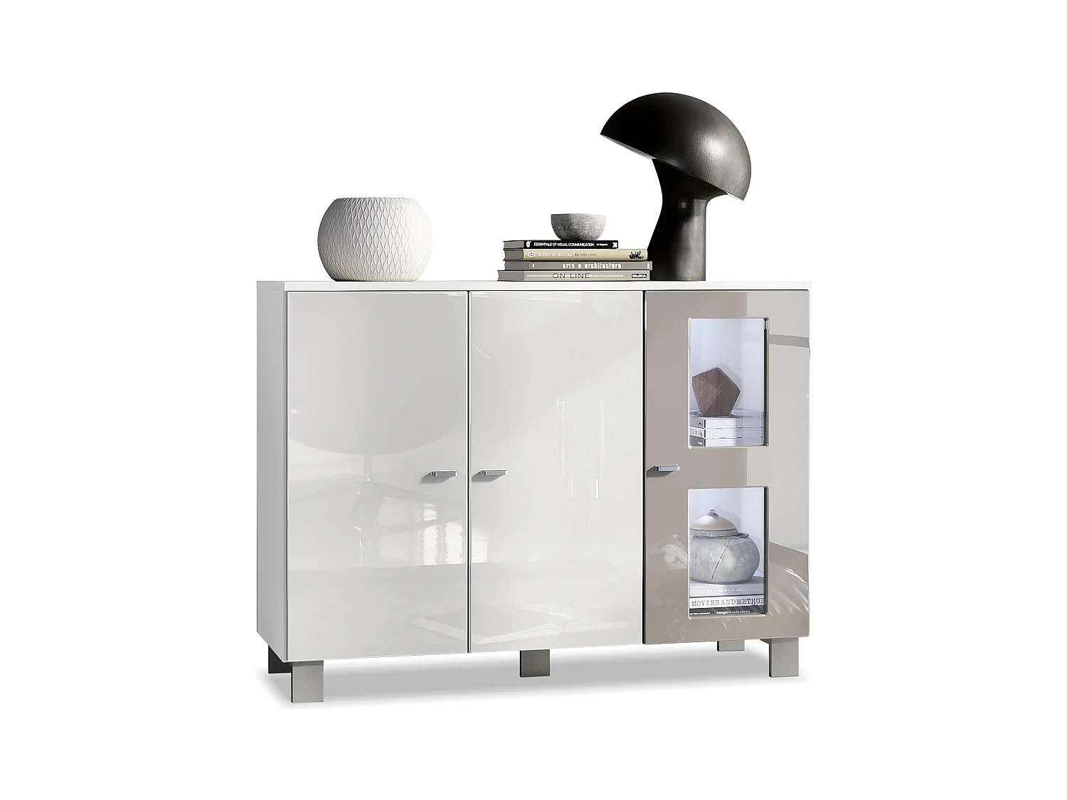 Buffet Denjo, Commode avec 3 portes, Blanc mat/Blanc haute brillance/Gris sable haute brillance, éclairage LED inclus (107 x 81 x 35 cm)