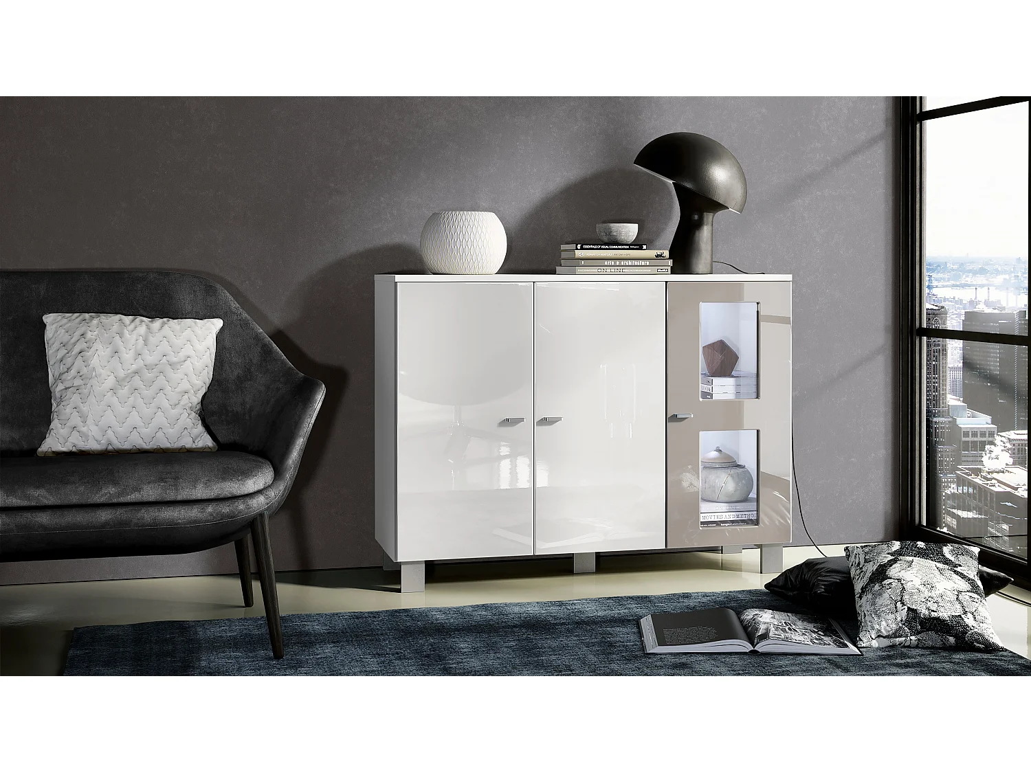 Buffet Denjo, Commode avec 3 portes, Blanc mat/Blanc haute brillance/Gris sable haute brillance, éclairage LED inclus (107 x 81 x 35 cm)