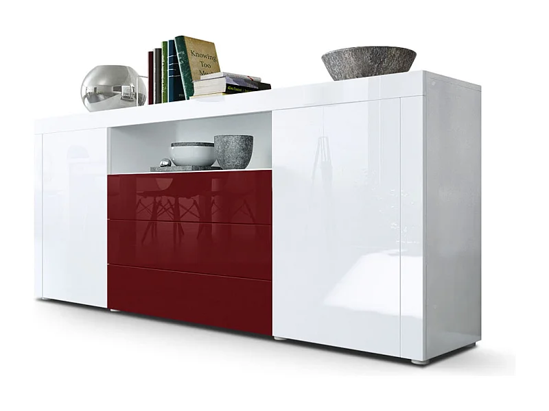 Sideboard Santiago, blanc haute brillance/bordeaux haute brillance - Modern chest of drawers for your living area - (WxHxD) 167 x 72 x 35 cm