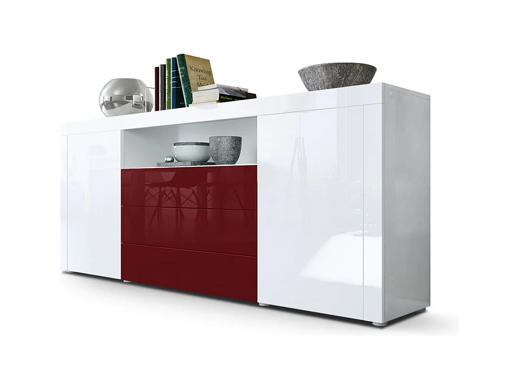 Vladon Sideboard Santiago, bianco lucido/bordeaux lucido - Modern chest of drawers for your living area - (WxHxD) 167 x 72 x 35 cm