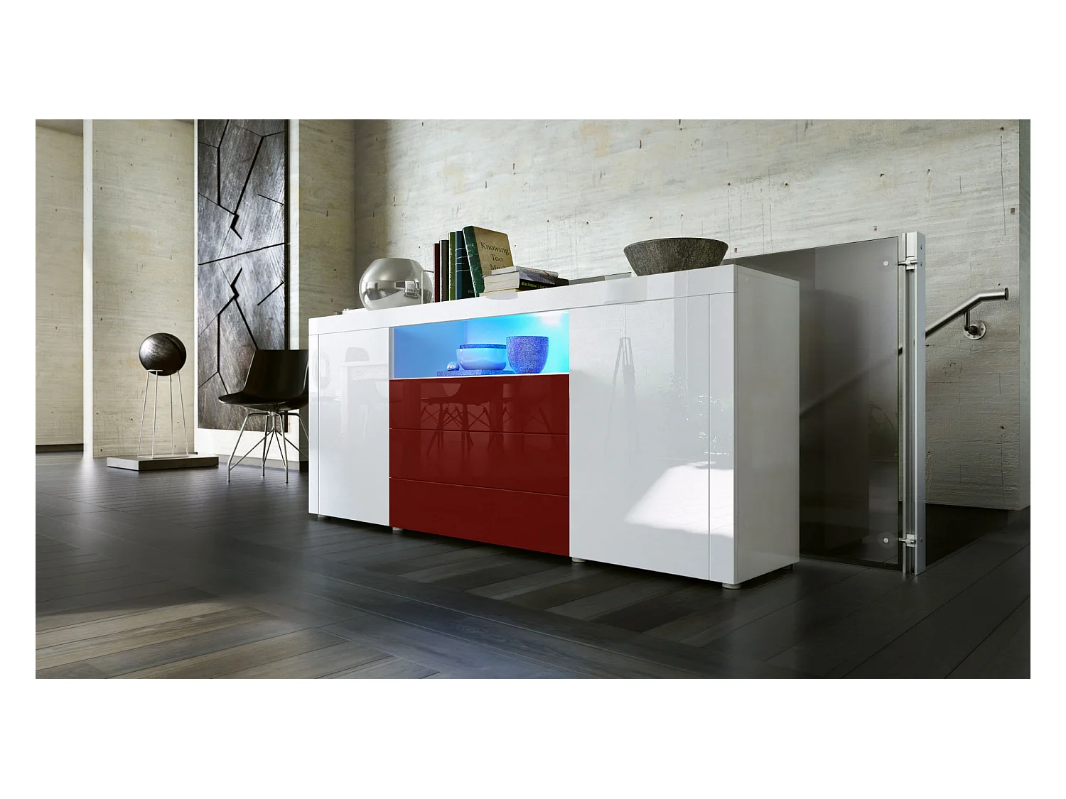 Vladon Sideboard Santiago, bianco lucido/bordeaux lucido - Modern chest of drawers for your living area - (WxHxD) 167 x 72 x 35 cm