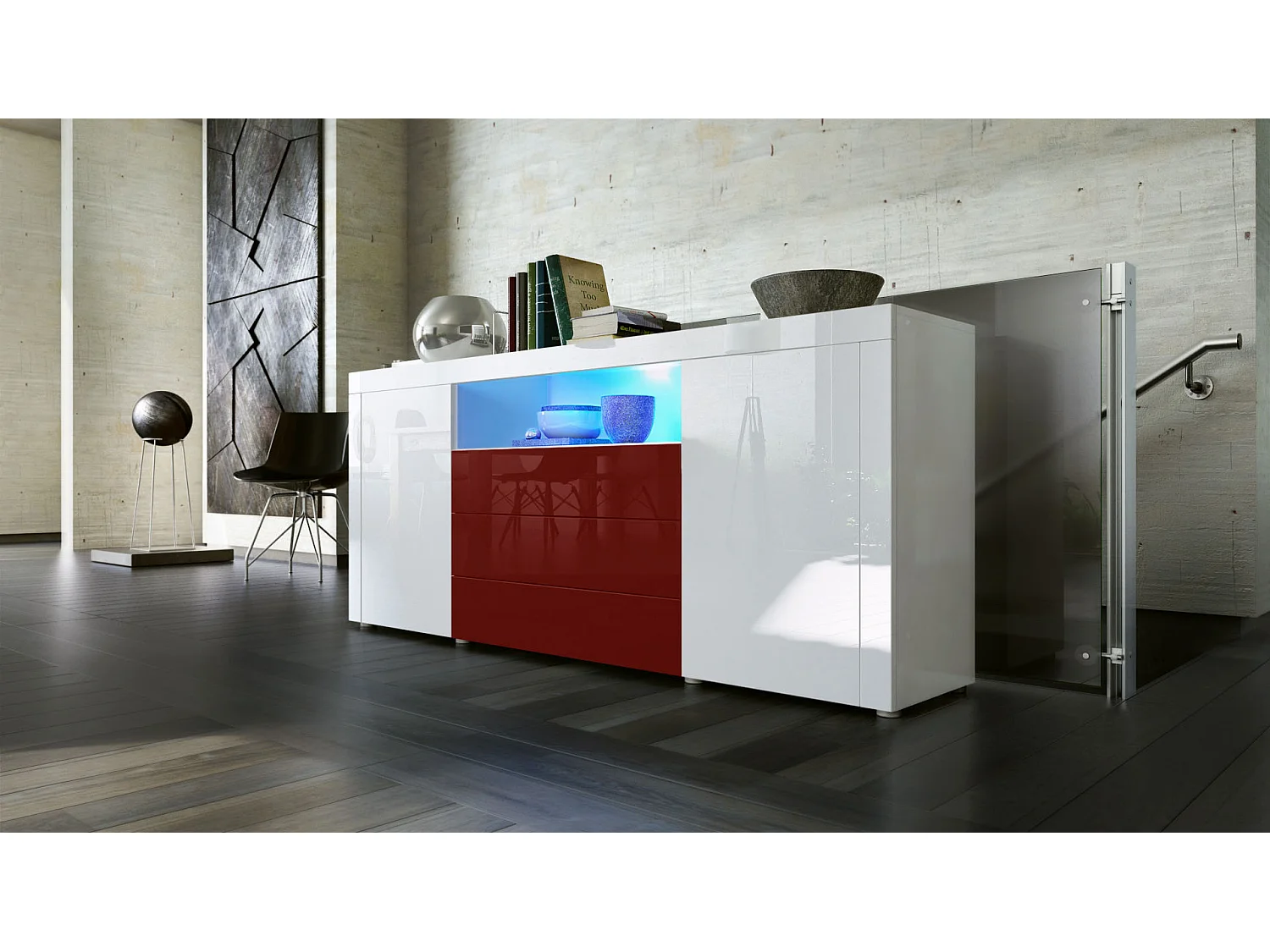 Vladon Sideboard Santiago, bianco lucido/bordeaux lucido - Modern chest of drawers for your living area - (WxHxD) 167 x 72 x 35 cm