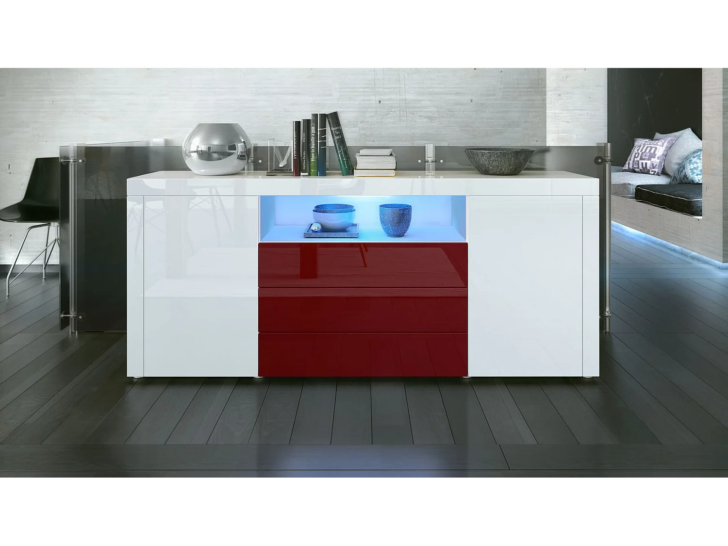 Vladon Sideboard Santiago, bianco lucido/bordeaux lucido - Modern chest of drawers for your living area - (WxHxD) 167 x 72 x 35 cm