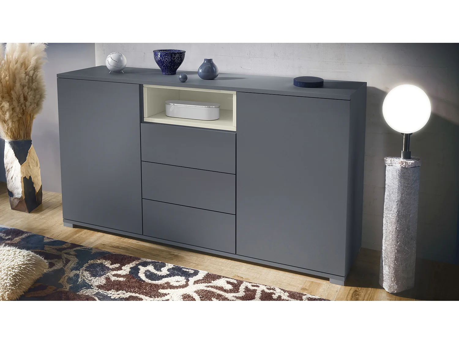 Skadu V2 Buffet, Commode avec 2 portes, 3 tiroirs et 1 compartiment ouvert, anthracite mat/crème haute brillance (138,5 x 75,5 x 35 cm)