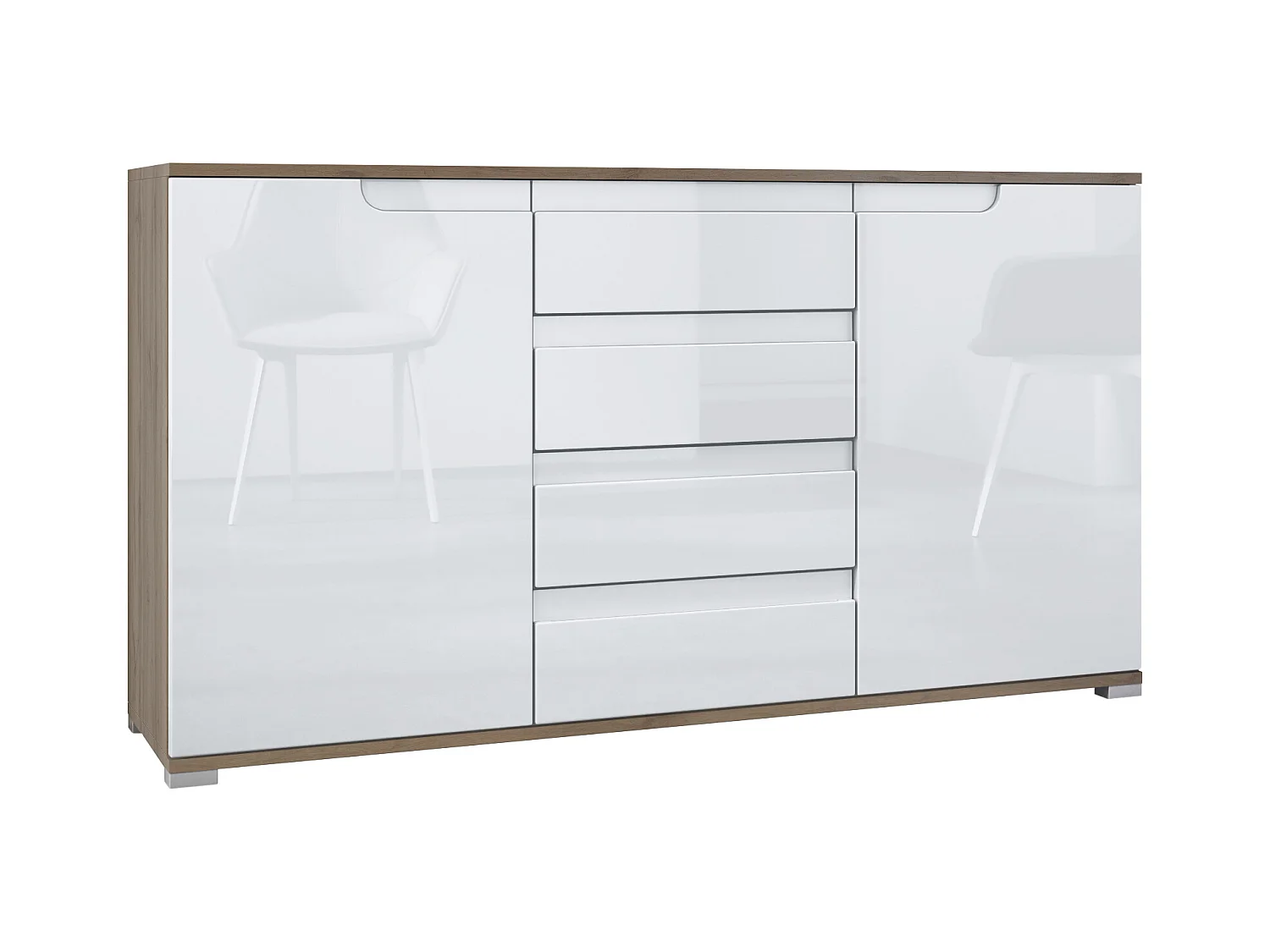 Buffet Dressoir Sylt, Corps en Noir mat / Façades en blanc haute brillance avec un decor en blanc haute brillance (139 x 72 x 35)