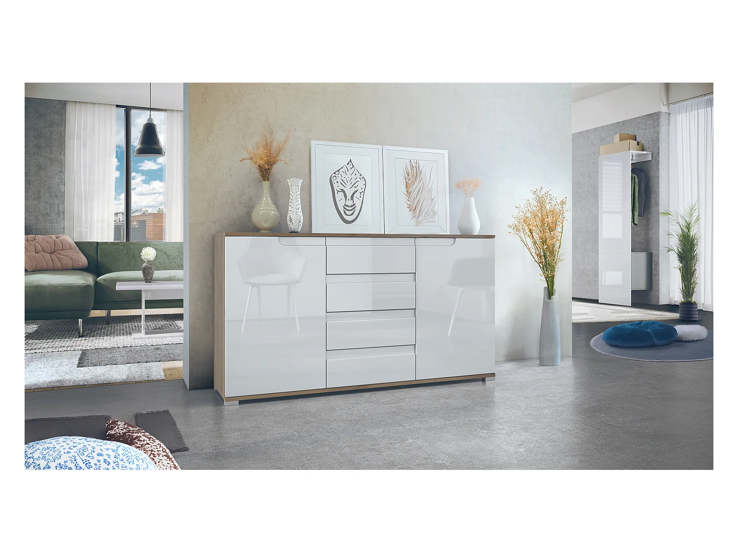 Buffet Dressoir Sylt, Corps en Noir mat / Façades en blanc haute brillance avec un decor en blanc haute brillance (139 x 72 x 35)