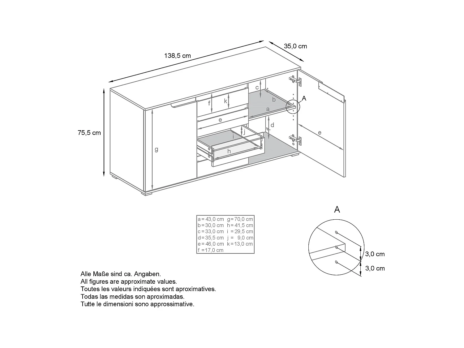 Buffet Dressoir Sylt, Corps en Noir mat / Façades en blanc haute brillance avec un decor en blanc haute brillance (139 x 72 x 35)