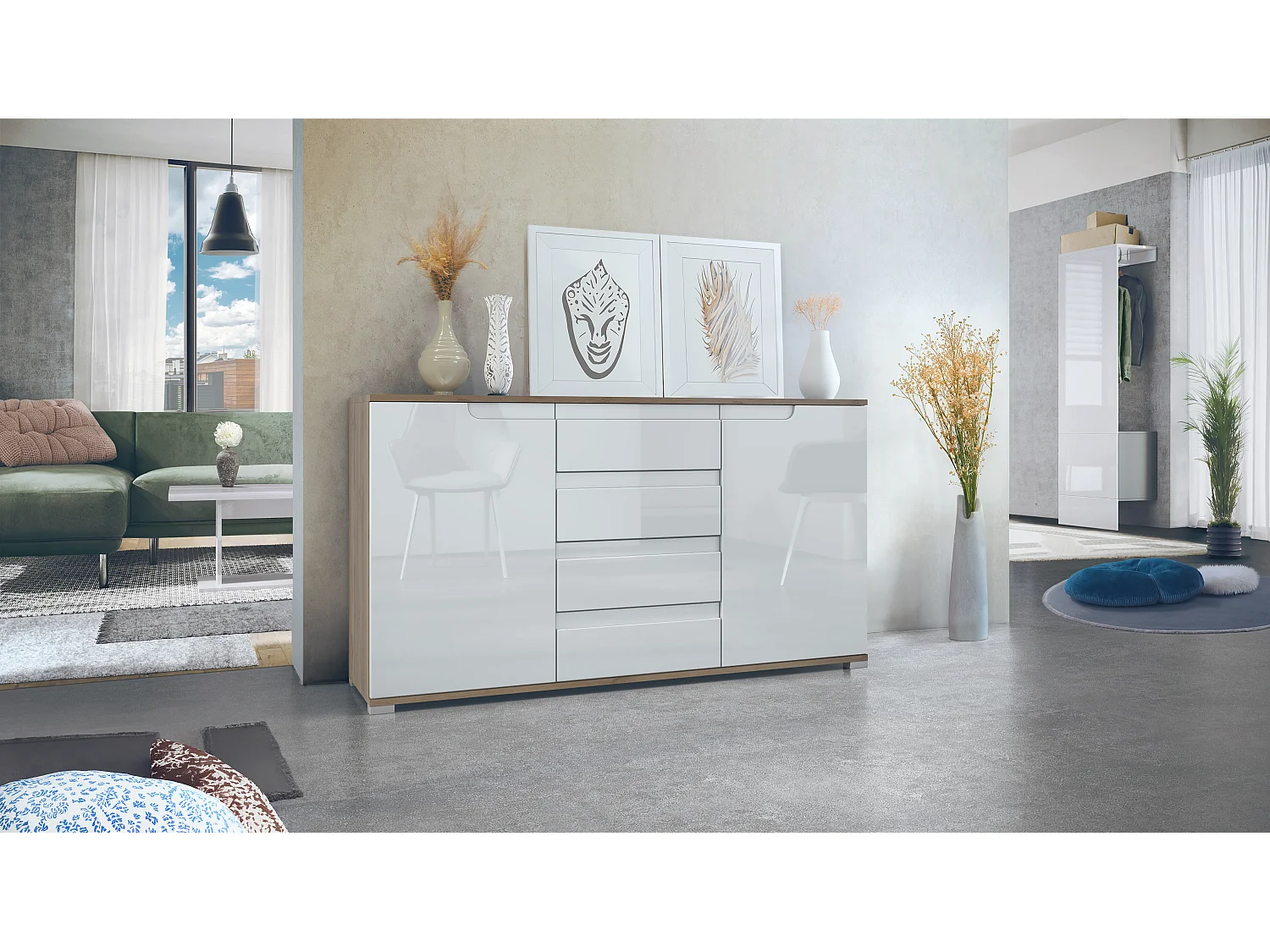 Credenza Cassettiera Sylt, struttura in nero opaco / frontale in bianco lucido con compensazioni in bianco lucido (139 x 72 x 35)
