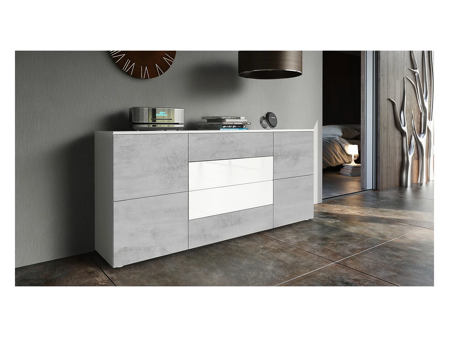 Buffet Rova, Commode avec 4 portes et 4 tiroirs, Blanc mat/Aspect Béton Oxyde (166 x 72 x 35 cm)