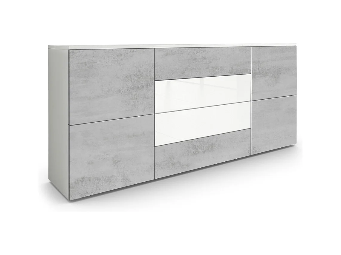 Buffet Rova, Commode avec 4 portes et 4 tiroirs, Blanc mat/Aspect Béton Oxyde (166 x 72 x 35 cm)
