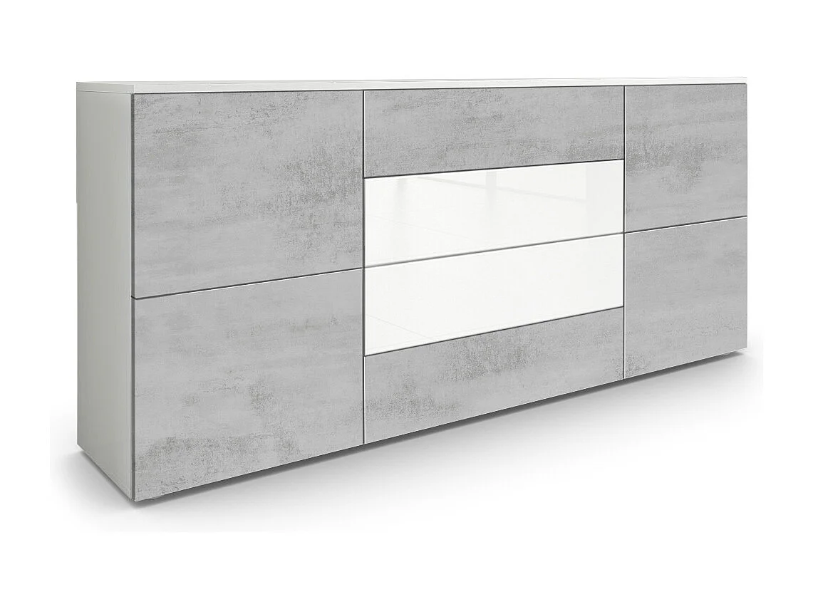 Madia  Rova, mobile con 4 ante e 4 cassetti, bianco opaco/ossido grigio cemento/bianco lucido (166 x 72 x 35 cm)