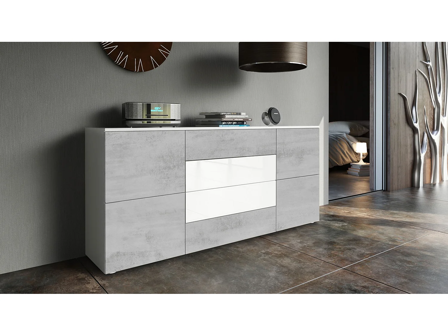 Madia  Rova, mobile con 4 ante e 4 cassetti, bianco opaco/ossido grigio cemento/bianco lucido (166 x 72 x 35 cm)