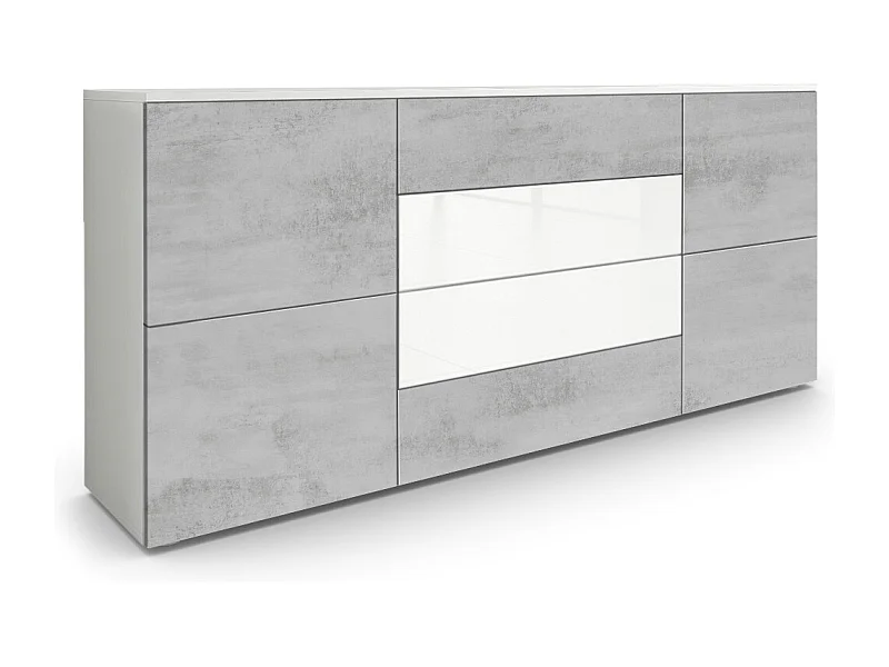 Buffet Rova, Commode avec 4 portes et 4 tiroirs, Blanc mat/Aspect Béton Oxyde (166 x 72 x 35 cm)
