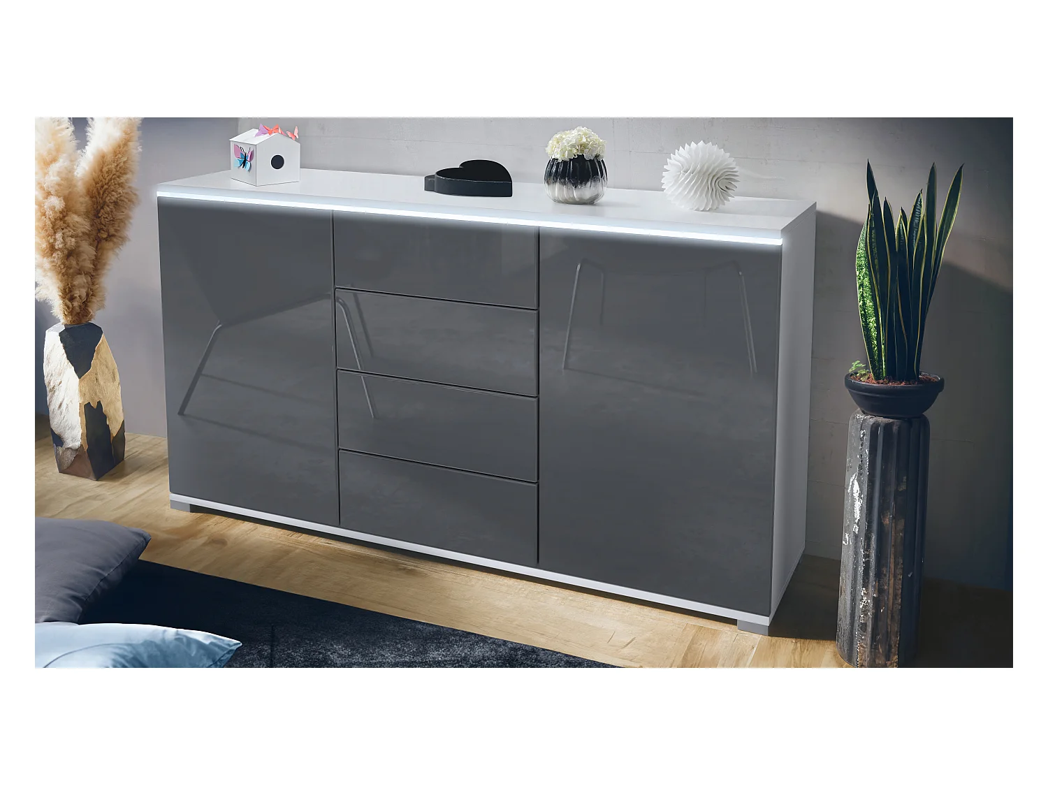 Buffet Faro V1 – Meuble avec 2 Portes & 4 Tiroirs, Armoire avec Bande LED Lumineuse, blanc mat / gris haute brillance (138,5 x 75,5 x 35)