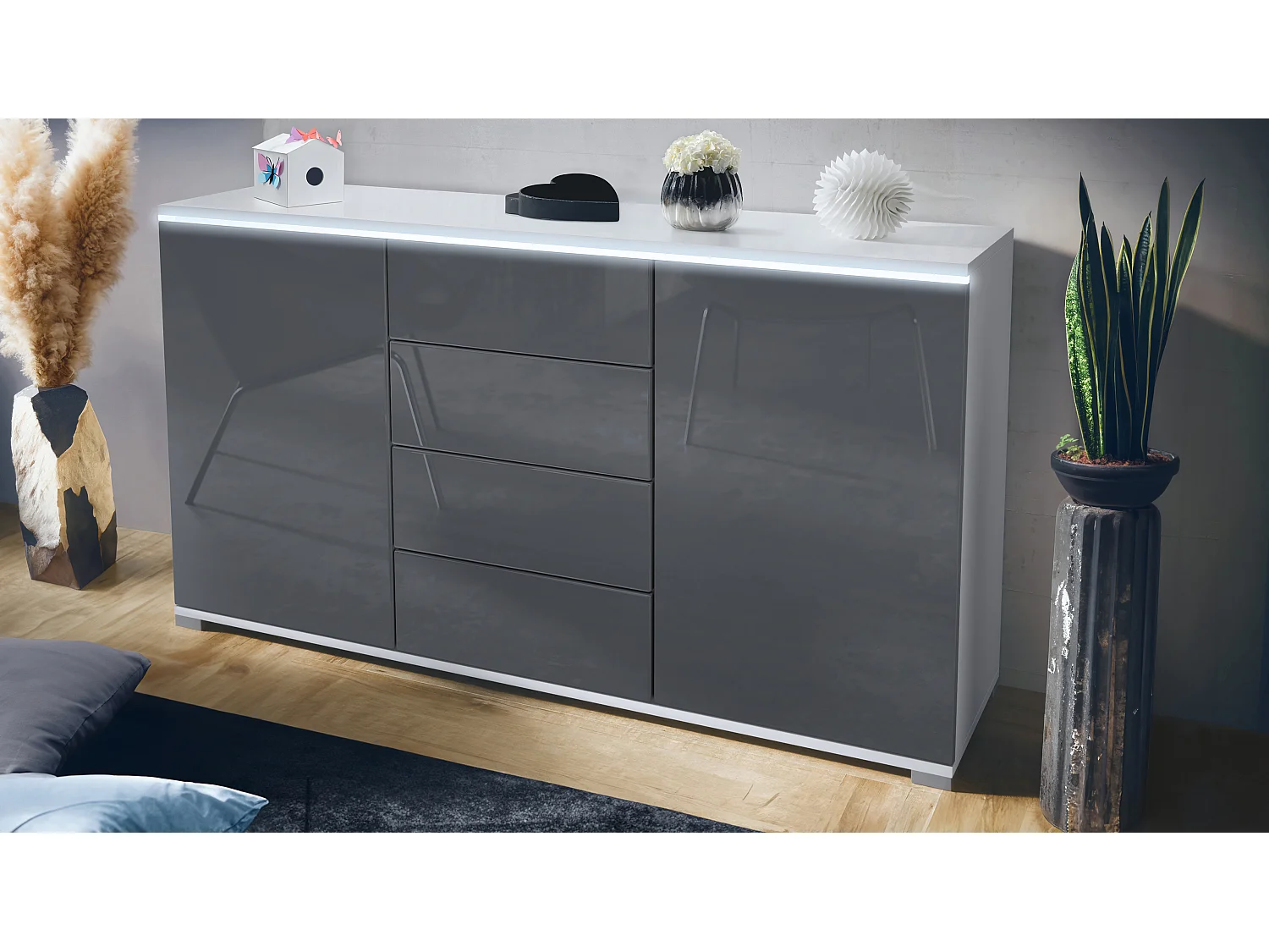 Buffet Faro V1 – Meuble avec 2 Portes & 4 Tiroirs, Armoire avec Bande LED Lumineuse, blanc mat / gris haute brillance (138,5 x 75,5 x 35)