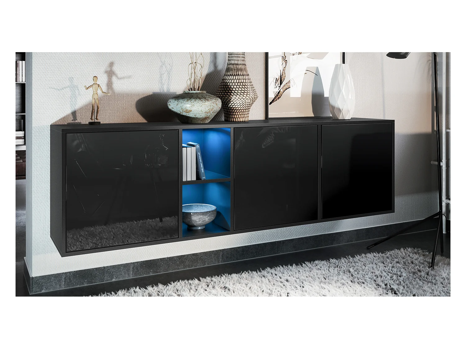 Commode Cuba - noir mat/noir haute brillance - Buffet moderne pour votre salon - (LxHxP) 182x53x35 cm