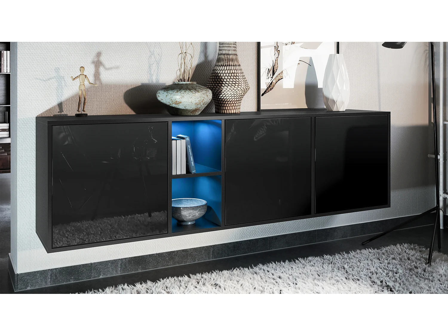 Vladon Cassettiera Cuba - nero opaco/nero lucido - Credenza moderna per la zona giorno - (LxAxP) 182x53x35 cm
