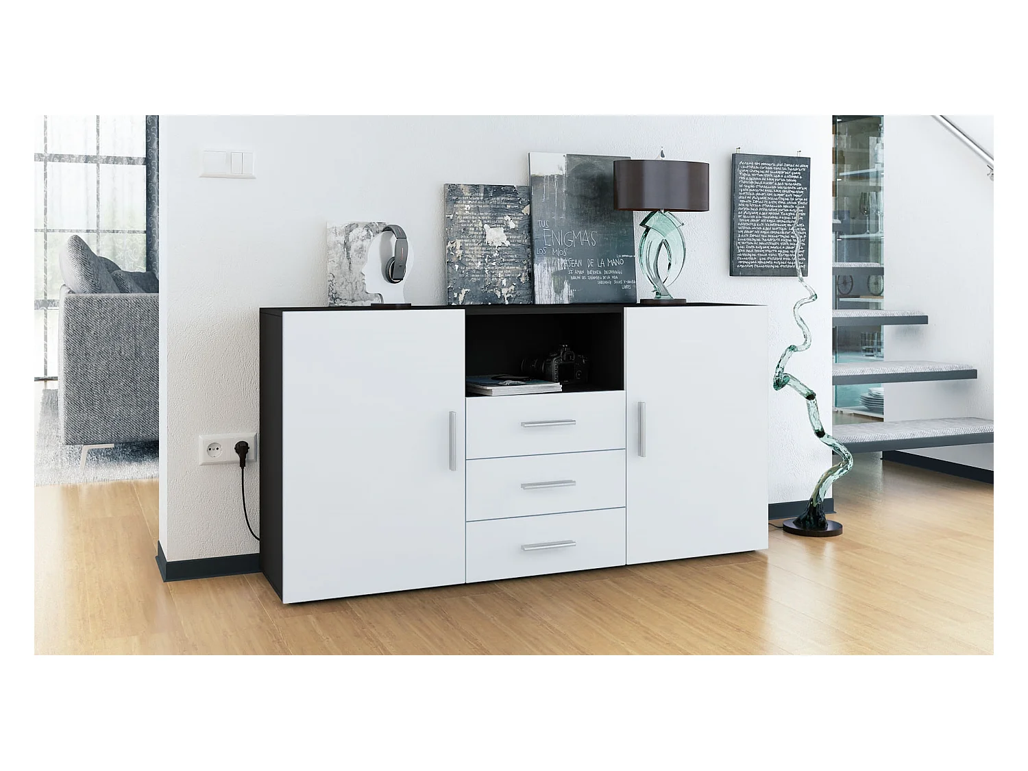 Buffet Skadu, Commode avec 2 portes, 3 tiroirs et 1 compartiment ouvert, noir mat/blanc mat (138,5 x 71,5 x 35 cm)