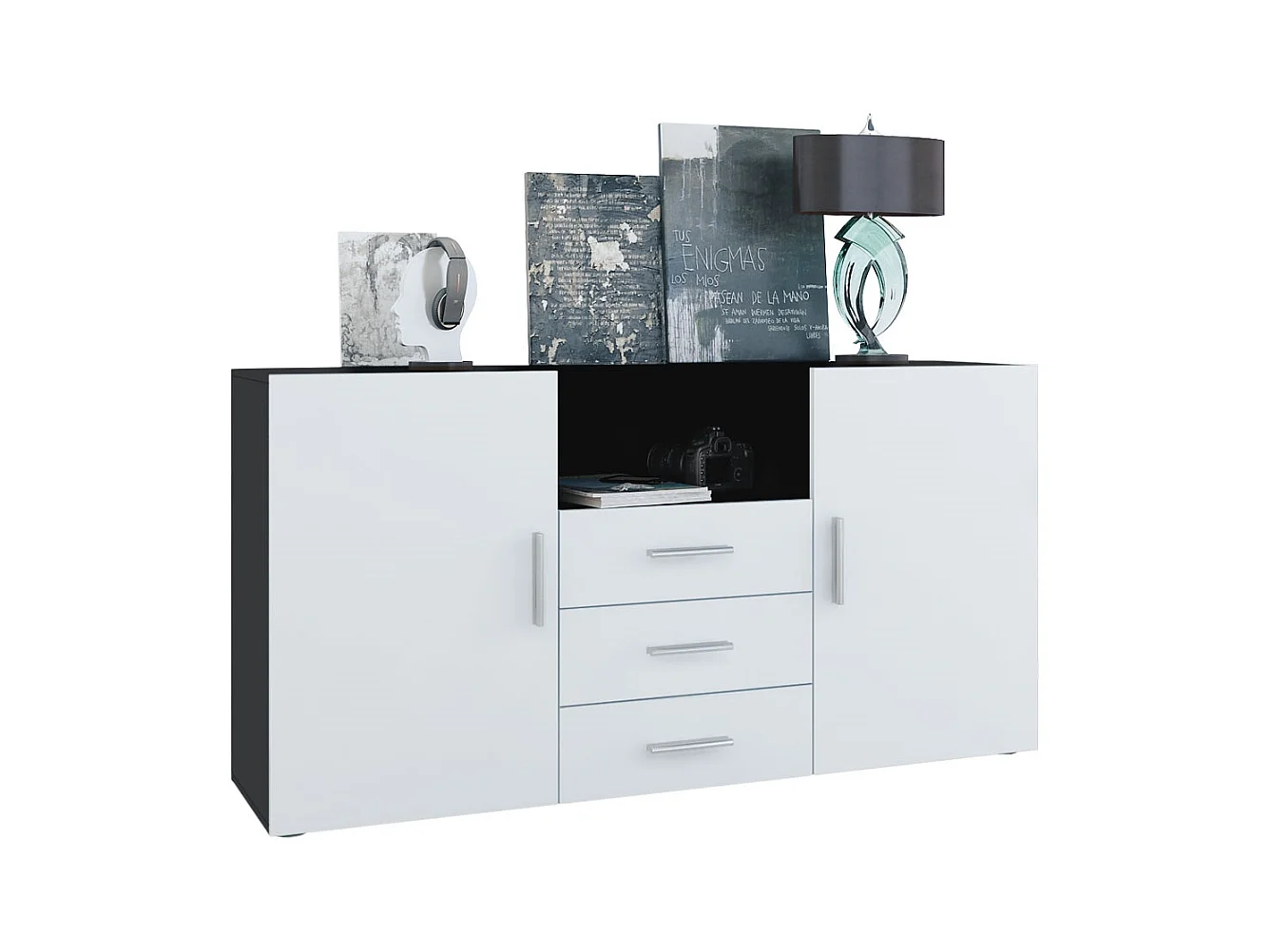 Buffet Skadu, Commode avec 2 portes, 3 tiroirs et 1 compartiment ouvert, noir mat/blanc mat (138,5 x 71,5 x 35 cm)