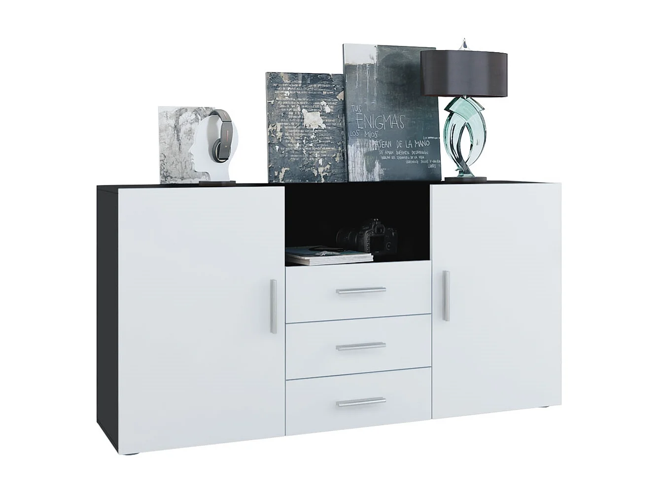Credenza Skadu, mobile con 2 ante, 3 cassetti e 1 scomparto a giorno, nero opaco/bianco opaco (138,5 x 71,5 x 35 cm)