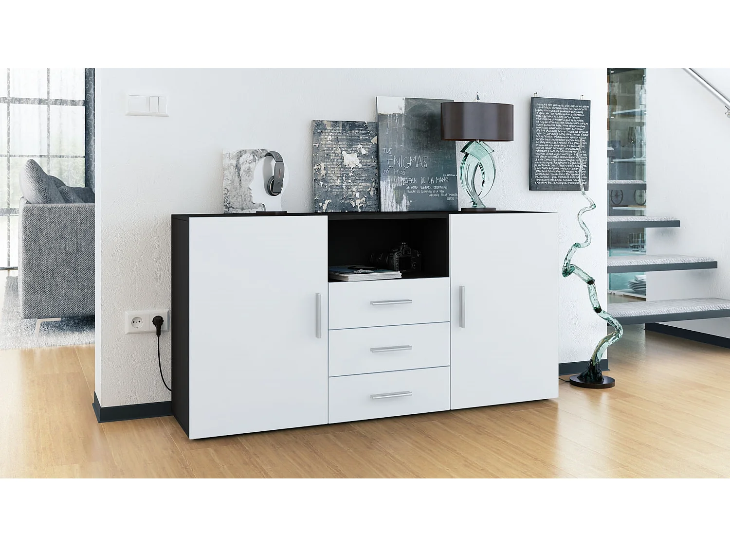 Credenza Skadu, mobile con 2 ante, 3 cassetti e 1 scomparto a giorno, nero opaco/bianco opaco (138,5 x 71,5 x 35 cm)