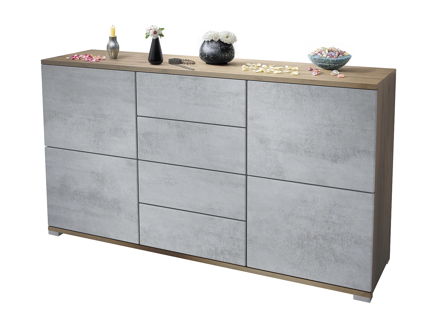 Buffet Rova V1 – Meuble avec 4 Portes et 4 Tiroirs, Chêne Evoke/aspect béton oxyde (138,5 x 75,5 x 35)