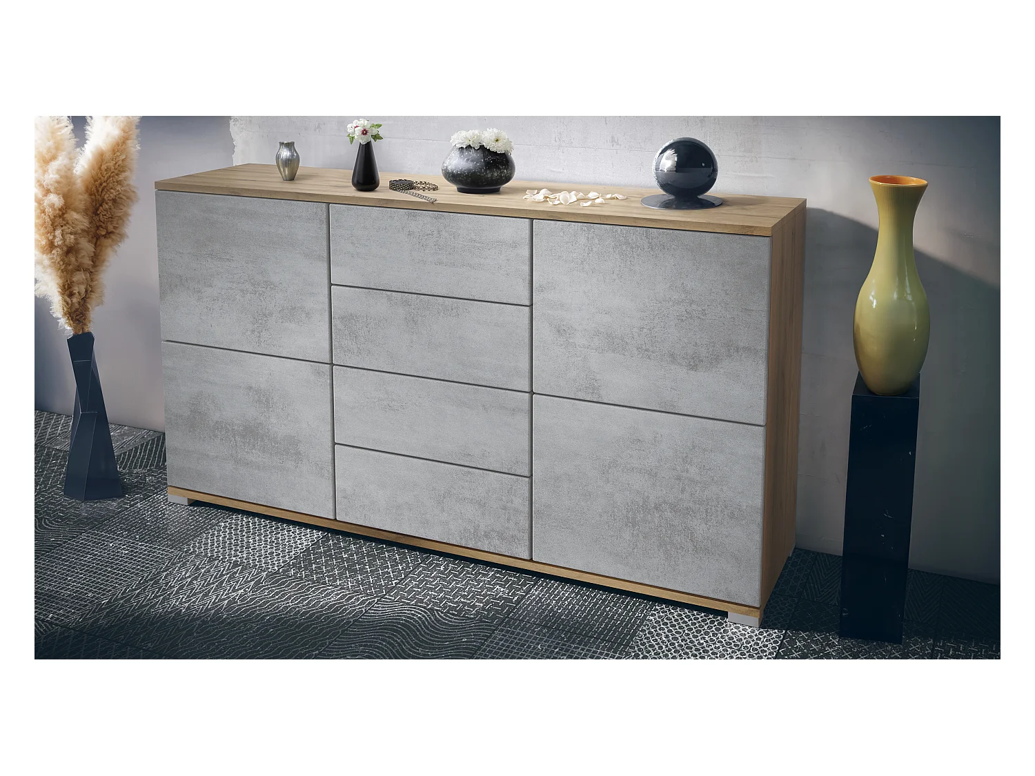 Buffet Rova V1 – Meuble avec 4 Portes et 4 Tiroirs, Chêne Evoke/aspect béton oxyde (138,5 x 75,5 x 35)