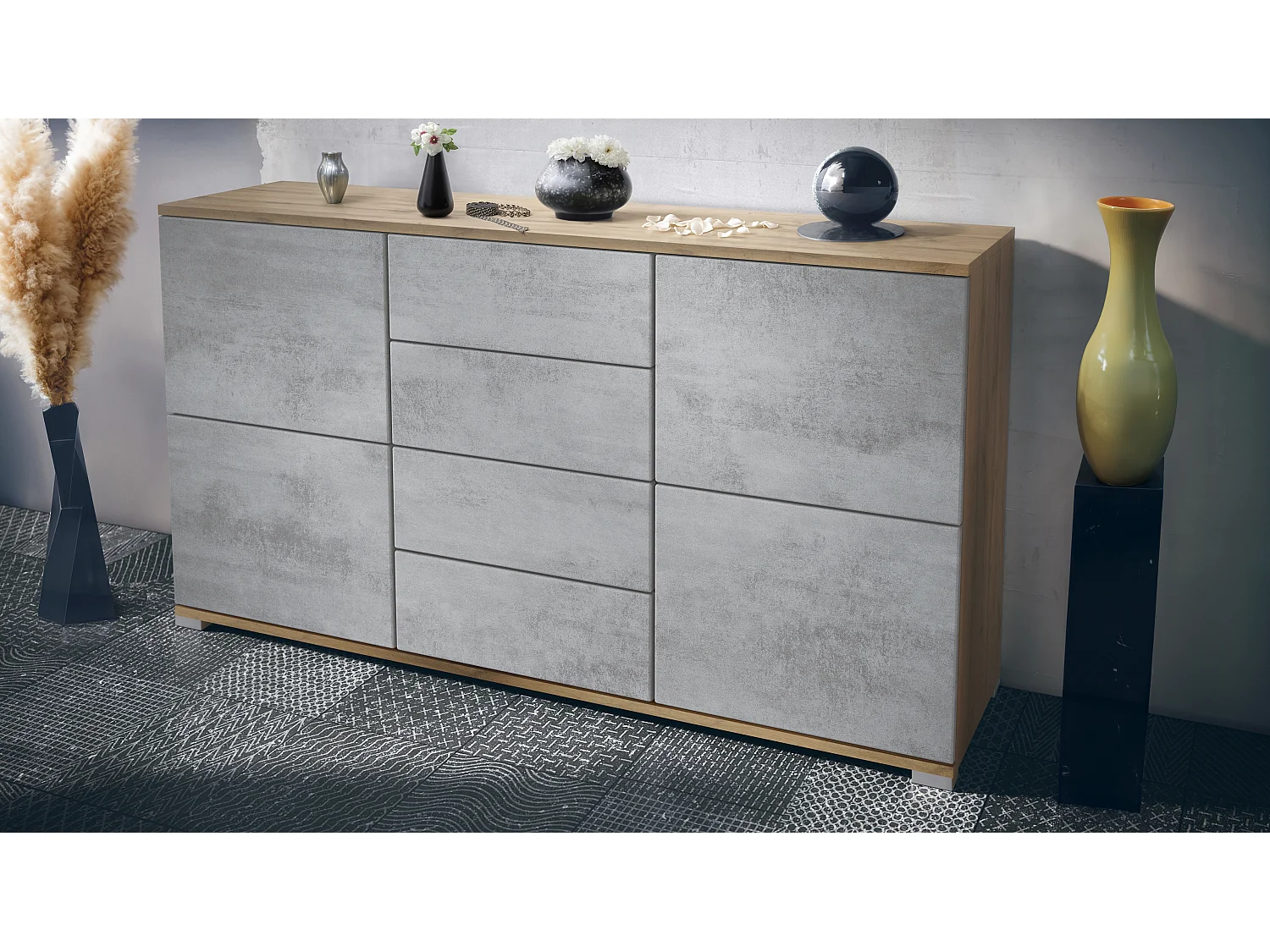 Buffet Rova V1 – Meuble avec 4 Portes et 4 Tiroirs, Chêne Evoke/aspect béton oxyde (138,5 x 75,5 x 35)