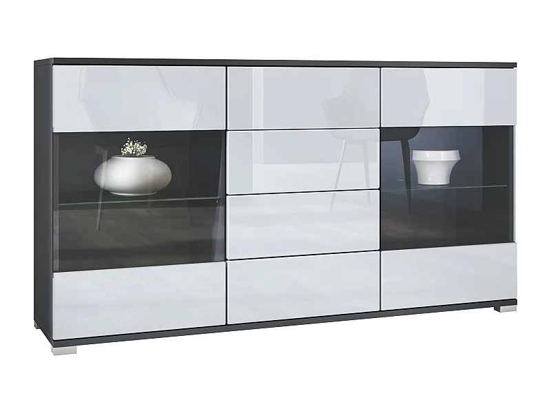 Buffet Bari V1 – Meuble avec 2 Grandes Portes et 4 Tiroirs, anthracite mat/blanc haute brillance (138,5 x 75,5 x 35)
