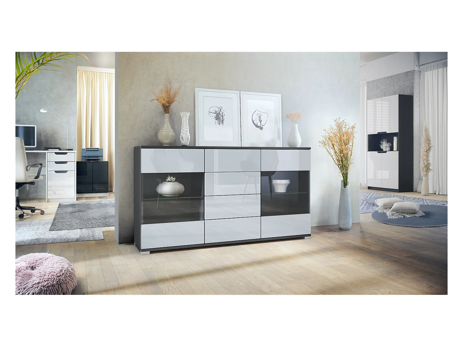 Buffet Bari V1 – Meuble avec 2 Grandes Portes et 4 Tiroirs, anthracite mat/blanc haute brillance (138,5 x 75,5 x 35)