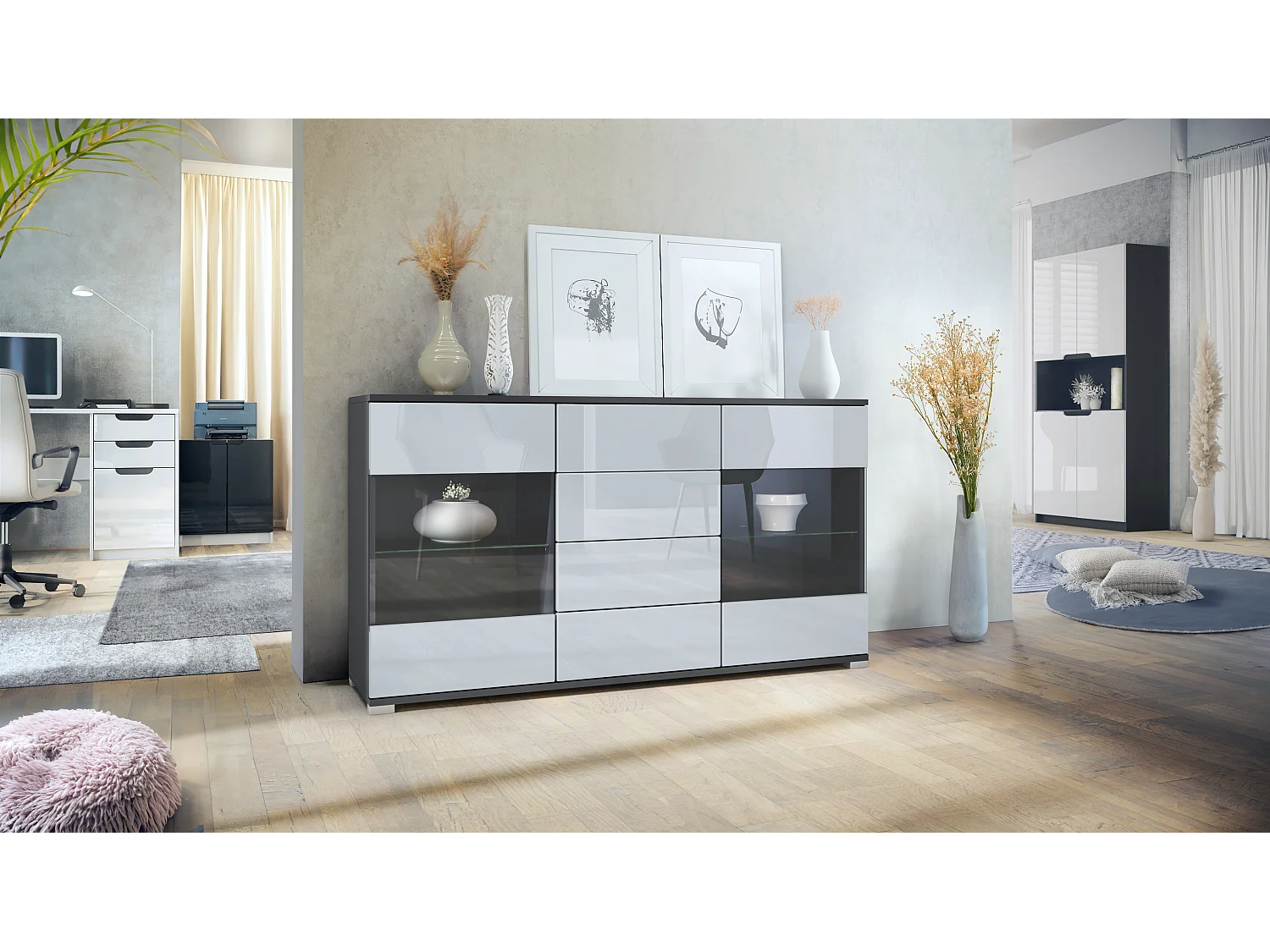 Buffet Bari V1 – Meuble avec 2 Grandes Portes et 4 Tiroirs, anthracite mat/blanc haute brillance (138,5 x 75,5 x 35)