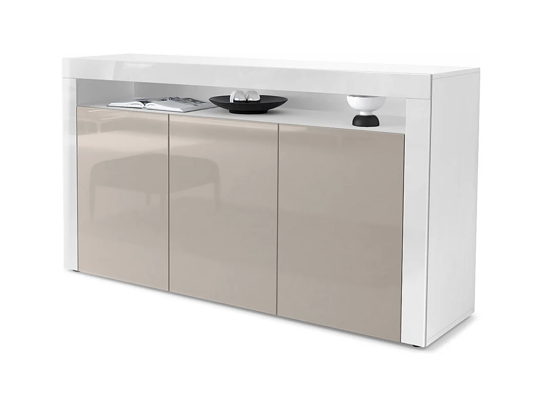 Buffet Valencia, Commode avec 3 portes et 1 compartiment ouvert, Blanc mat/gris sable haute brillance/blanc haute brillance (155 x 92 x 40 cm)