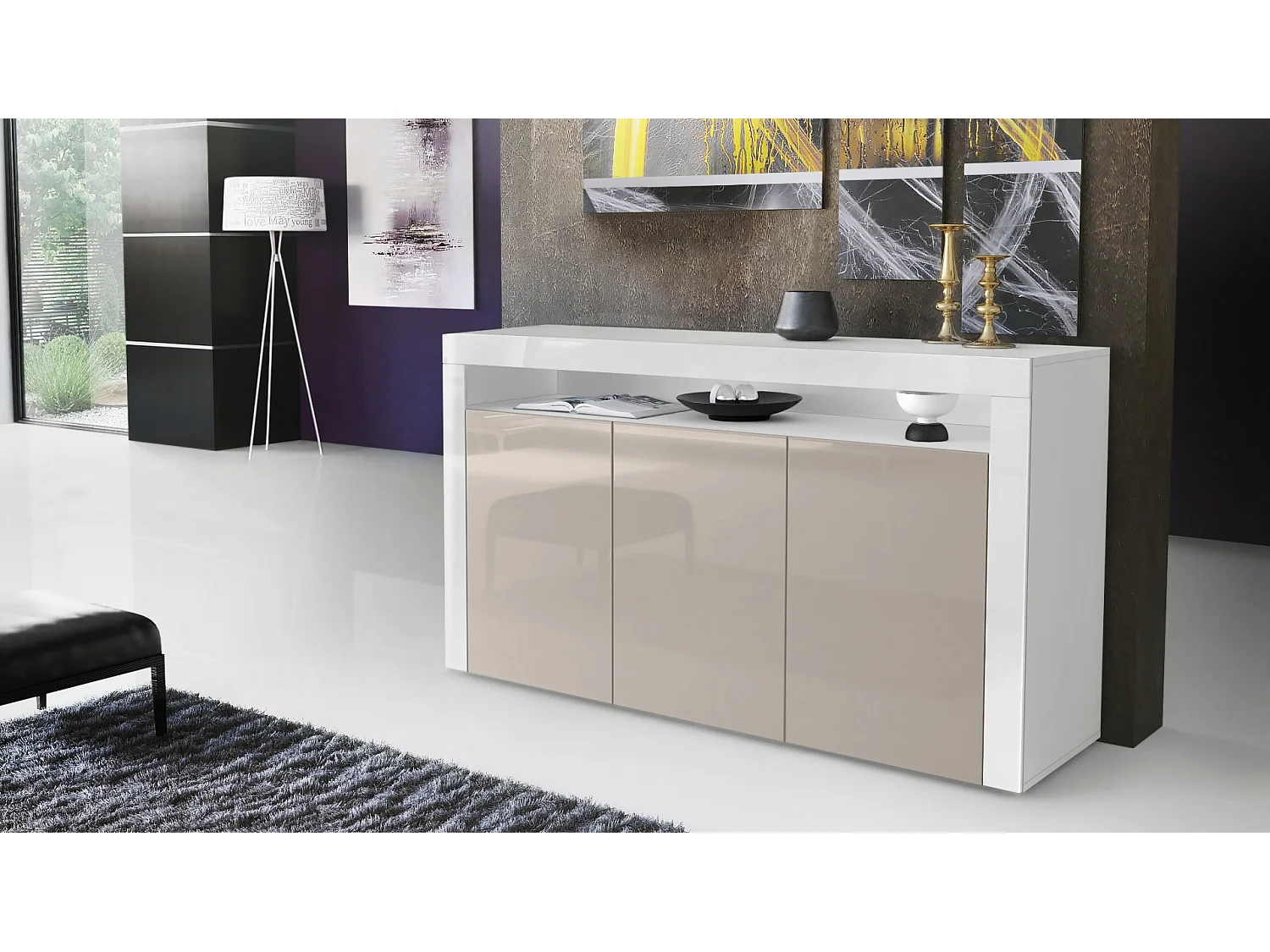 SIDEBOARD Valencia Sandgrau Hochglanz / Weiß Hochglanz