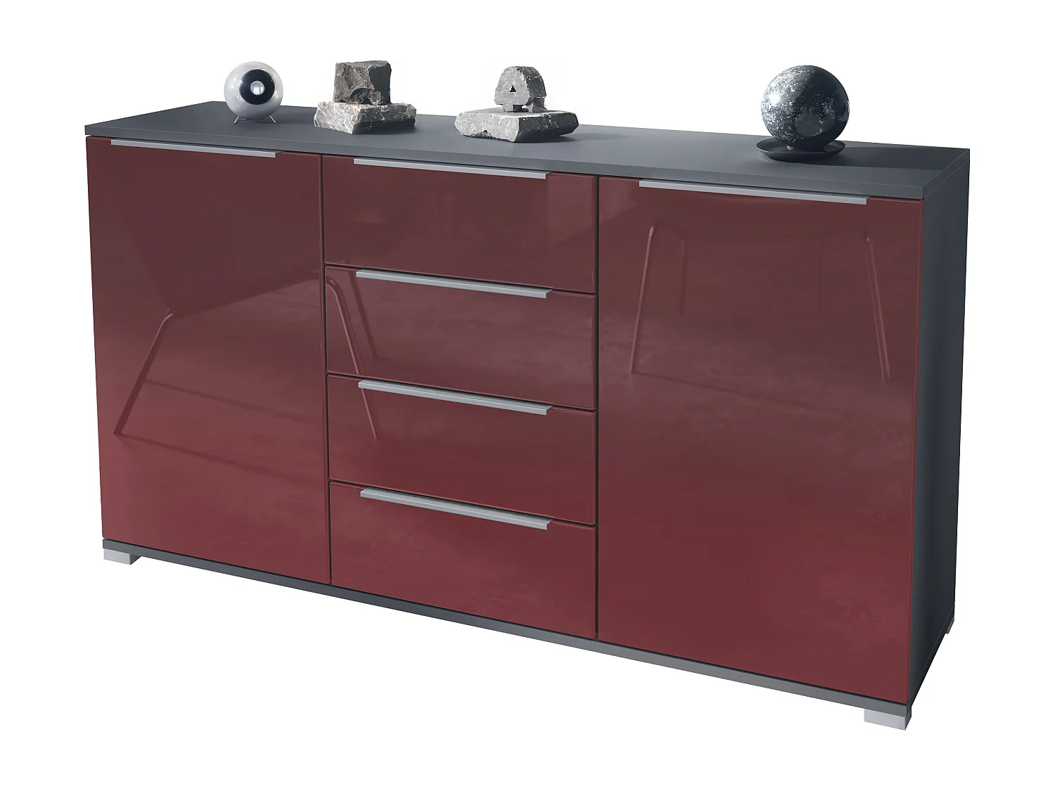 Buffet Linio V1, Enfilade avec 2 portes et 4 tiroirs, anthracite mat / bordeaux haute brillance (138,5 x 75,5 x 35 cm)