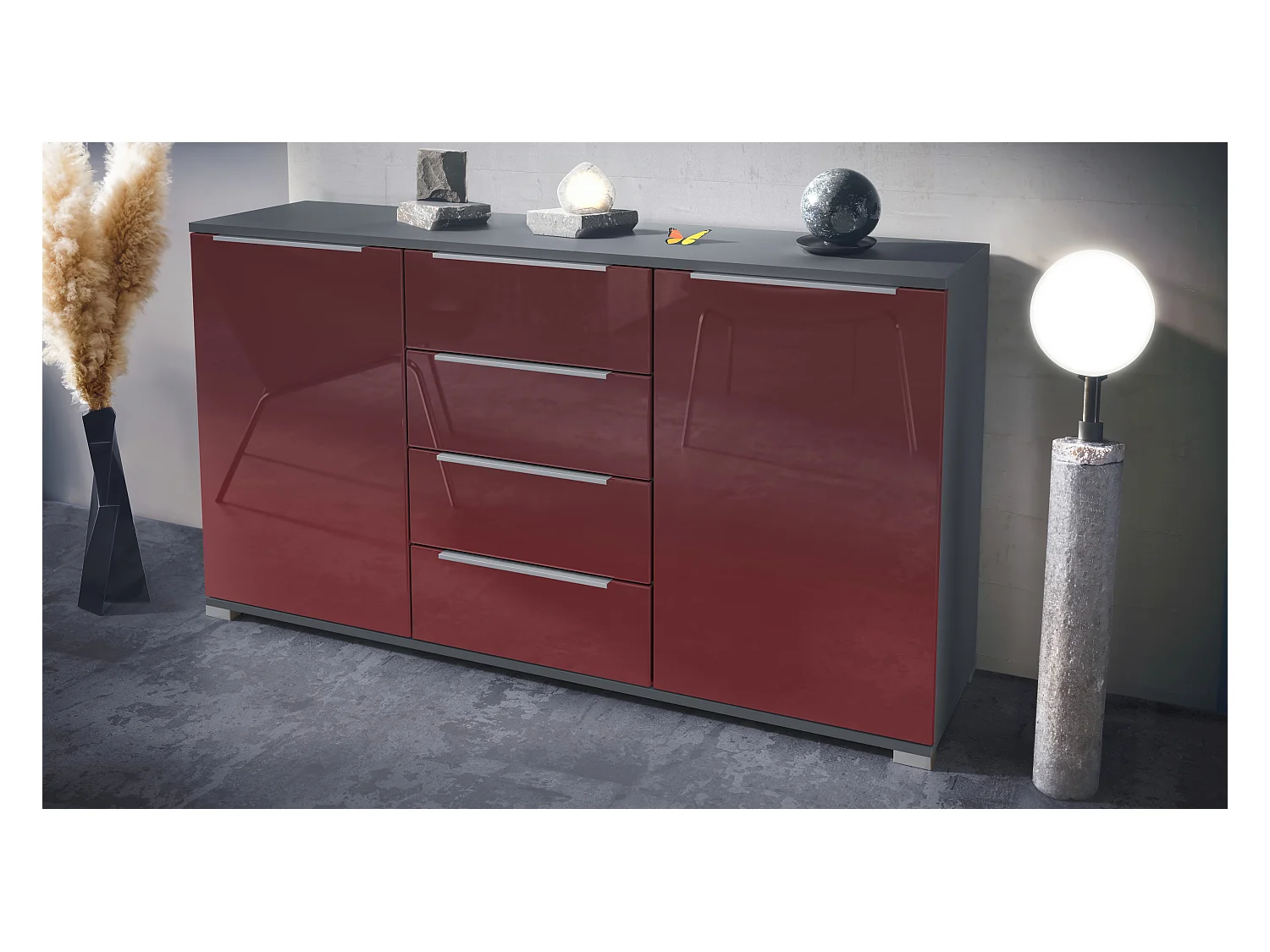 Buffet Linio V1, Enfilade avec 2 portes et 4 tiroirs, anthracite mat / bordeaux haute brillance (138,5 x 75,5 x 35 cm)