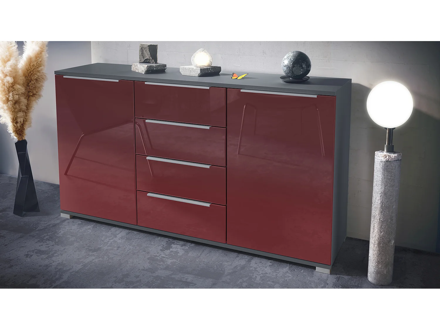 Buffet Linio V1, Enfilade avec 2 portes et 4 tiroirs, anthracite mat / bordeaux haute brillance (138,5 x 75,5 x 35 cm)